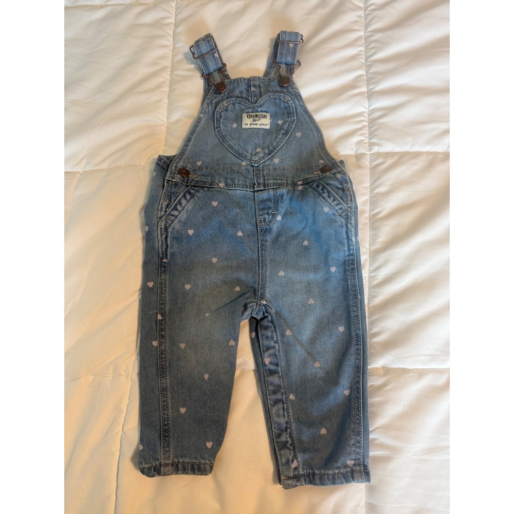 OshKosh B'gosh Denim Overalls Baby 9M Blue Excellent Pink Heart Print Bibs